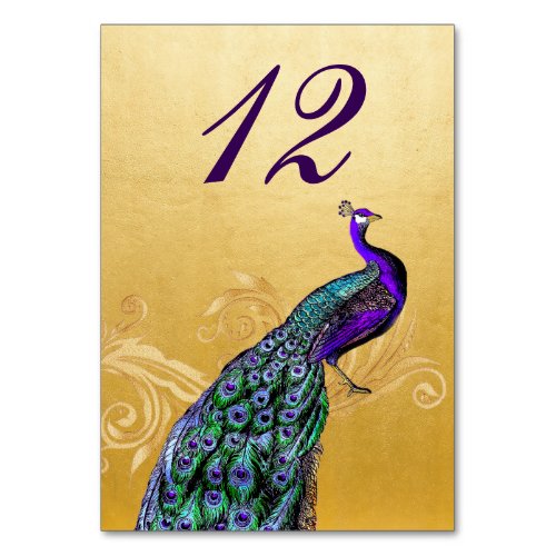 Gold with Peacock Wedding Table Number Card