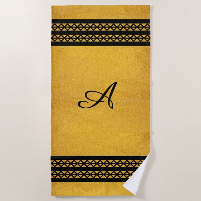 Gold with Vertical Black Monogram Bars & Diamonds  Beach Towel (Front)