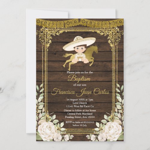 Gold With White Roses Fiesta Boy Baptism Invitation