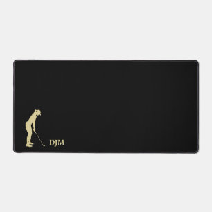 Gold Woman Golfer Silhouette Monogram on Black Desk Mat