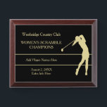 Gold Woman Golfer Tournament Champion Award Plaque<br><div class="desc">A gold silhouette woman golfer takes a swing on this tournament champion award plaque. Your custom text is in matching gold at the left side. Everything is placed on a dramatic black background. Easy to customize to your needs.</div>