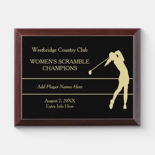 Gold Woman Golfer Tournament Champion Award Plaque