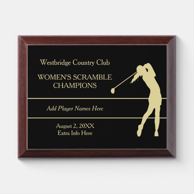 Gold Woman Golfer Tournament Champion Award Plaque (Horizontal)