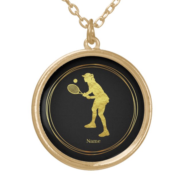 Gold Woman Tennis Player Silhouette Necklace (Front)