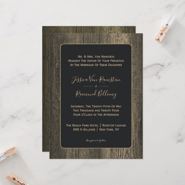 Gold Wood Grain Wedding Invitation (Front/Back In Situ)