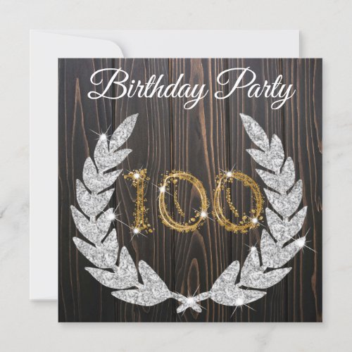 Gold  Wood Jeweled Wreath 100th Birthday Invitation