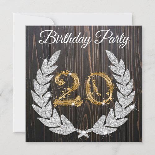 Gold  Wood Jeweled Wreath 20th Birthday Invitation