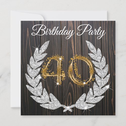 Gold  Wood Jeweled Wreath 40th Birthday Invitation