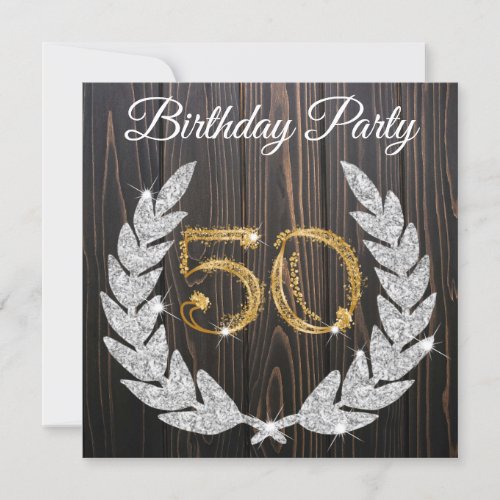 Gold  Wood Jeweled Wreath 50th Birthday Invitation