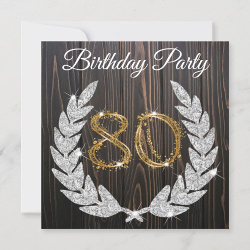 Gold  Wood Jeweled Wreath 80th Birthday Invitation