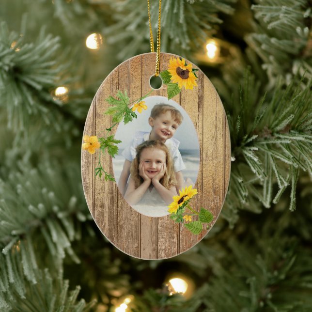 Gold Wood Sunflower Frame Photo Template Holiday Ceramic Ornament (Tree)