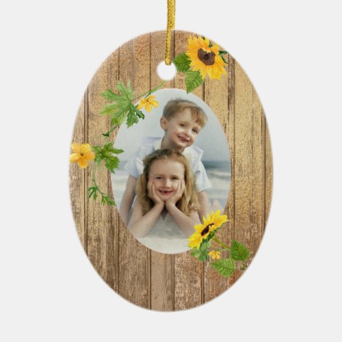 Gold Wood Sunflower Frame Photo Template Holiday Ceramic Ornament