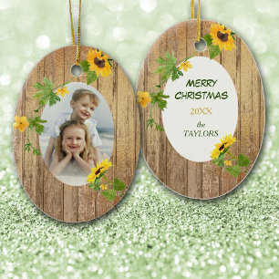 Gold Wood Sunflower Frame Photo Template Holiday Ceramic Ornament