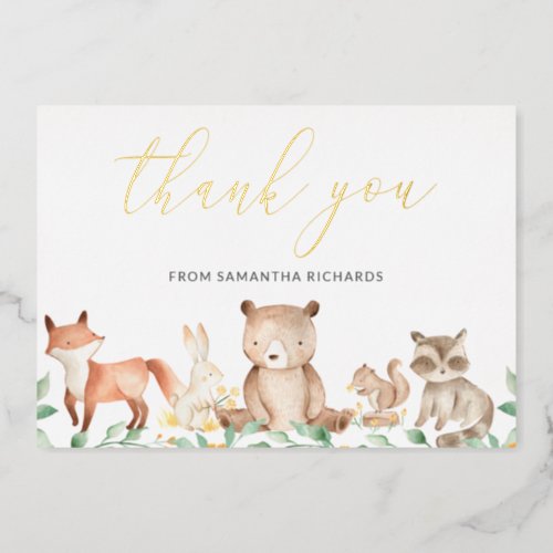 Gold Woodland Animals Baby Shower Thank You Card
