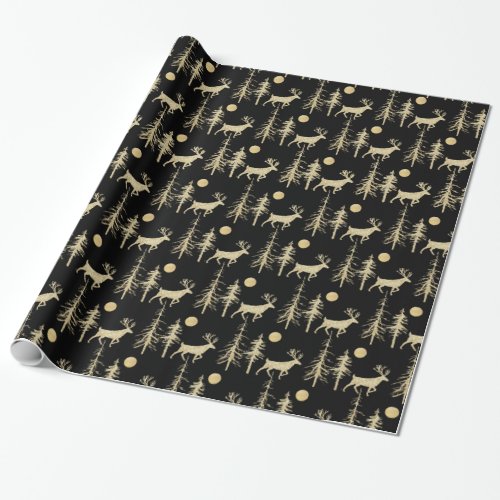 Gold Woodland Pine Forest Stag Black Wrapping Paper