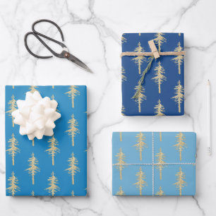Gold Woodland Pine Tree Forest Blue Sky Blue Navy Wrapping Paper Sheets