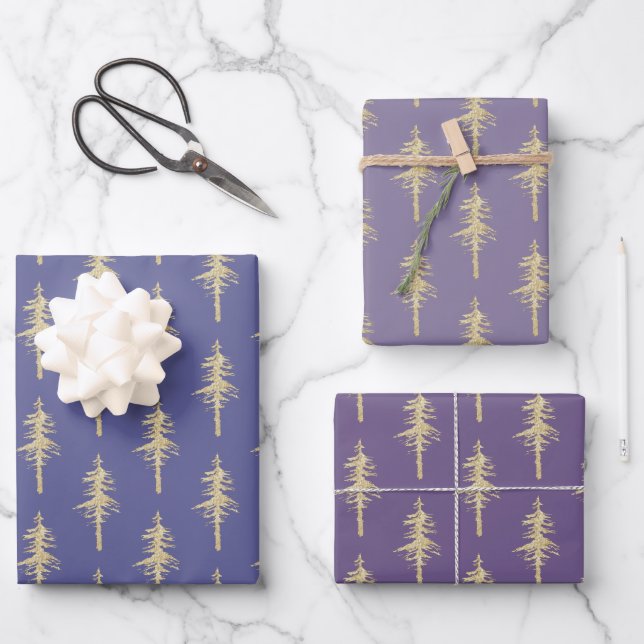 Gold Woodland Pine Tree Forest Mulberry Purple Wrapping Paper Sheets (Front)