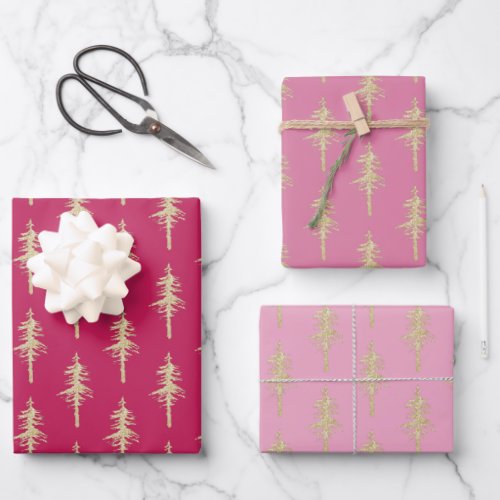 Gold Woodland Pine Tree Forest Pink Raspberry Red Wrapping Paper Sheets