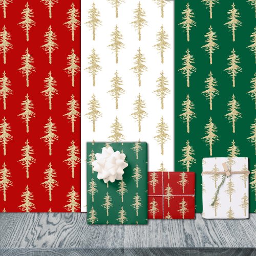 Gold Woodland Pine Tree Forest Red Green  White Wrapping Paper Sheets