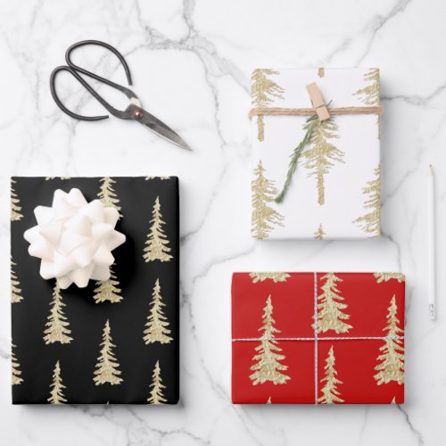 Gold Woodland Spruce Trees Black White Holiday Red Wrapping Paper Sheets