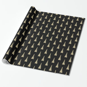 Gold Woodland Spruce Trees Black Wrapping Paper