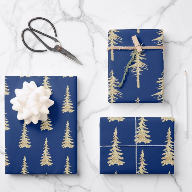 Gold Woodland Spruce Trees On Navy Blue Wrapping Paper Sheets (Front)