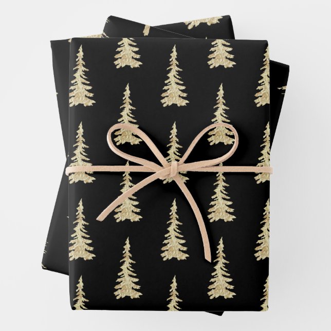 Gold Woodland Spruce Trees On Solid Black Wrapping Paper Sheets (In situ)