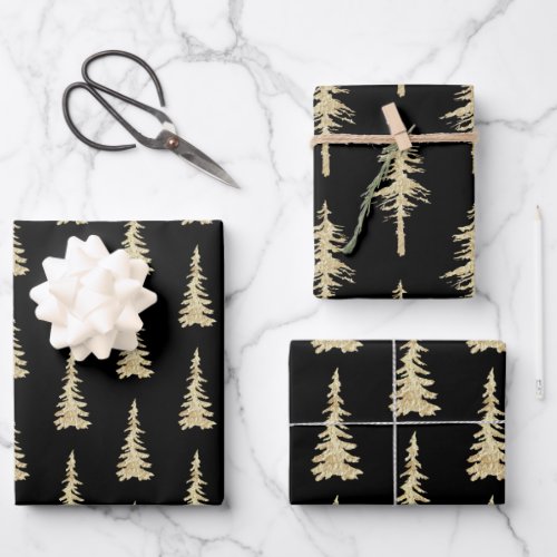 Gold Woodland Spruce Trees On Solid Black Wrapping Paper Sheets