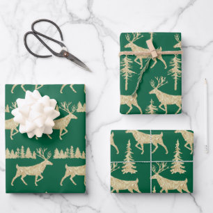 Gold Woodland Stag Spruce Tree Forest Green Wrappi Wrapping Paper Sheets