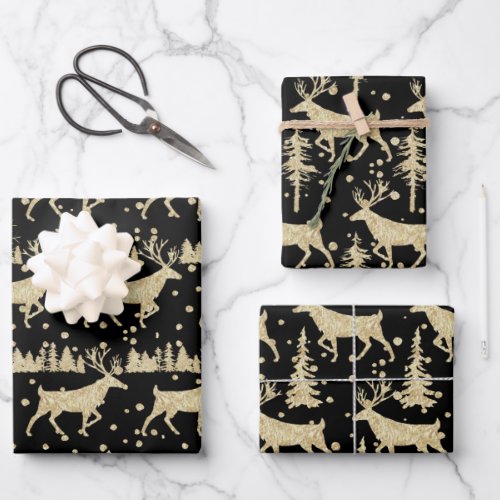 Gold Woodland Stag Spruce Tree Forest Snow Black Wrapping Paper Sheets
