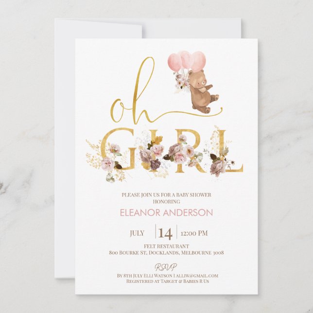 Gold Word Blush Floral Teddy Bear Baby Shower Invitation (Front)