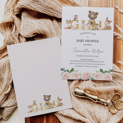 Gold Word Woodland Girl Baby Shower Invitation