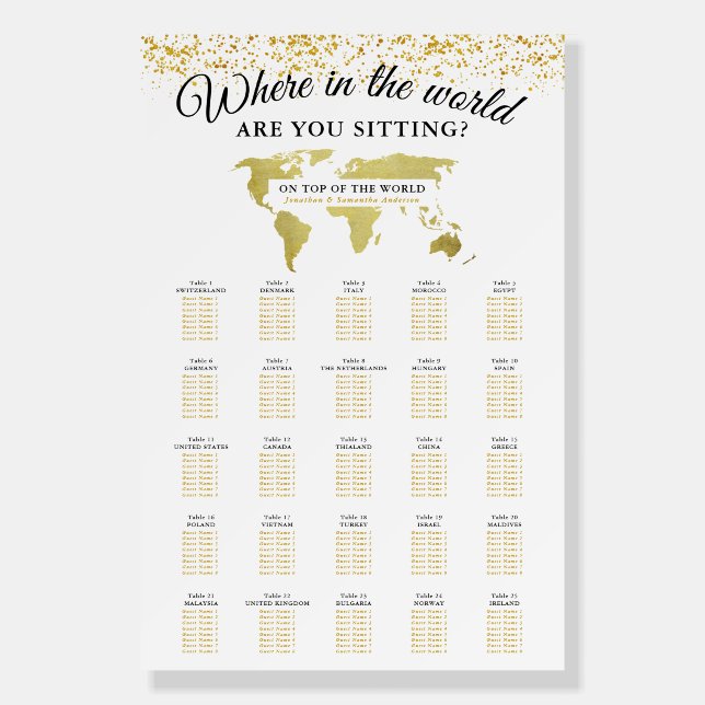 Gold World Map 25 Table Seating Chart Foam Board (Front)