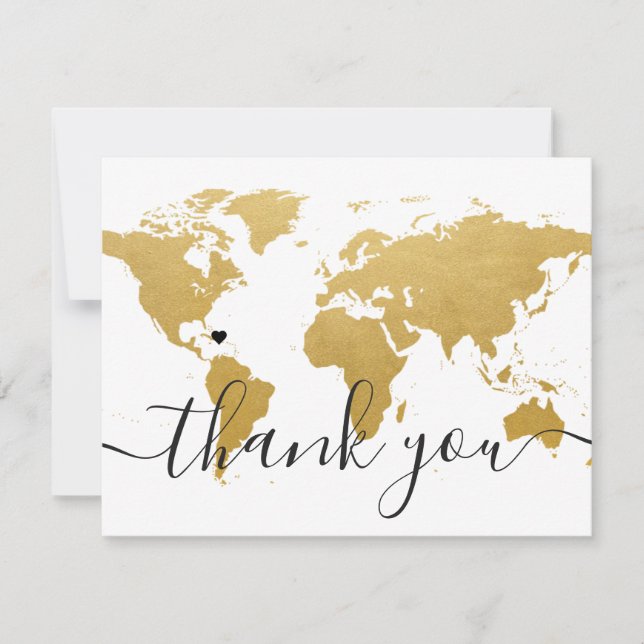 Gold World Map and Wedding Photo Thank You Card (Front)