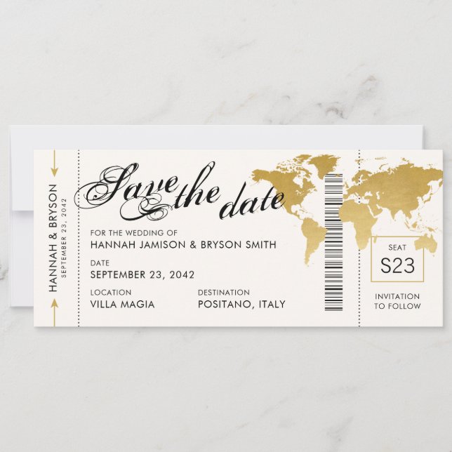 Gold World Map Boarding Pass Ticket Save the Date Announcement (Front)