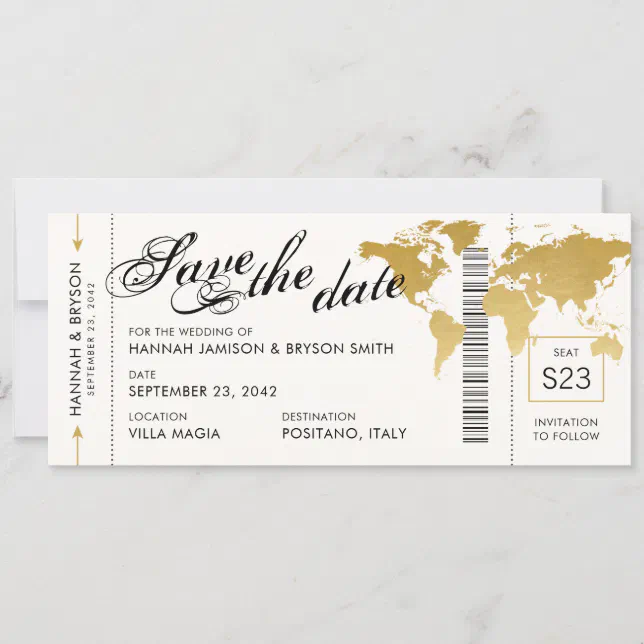 Gold World Map Boarding Pass Ticket Save the Date Announcement | Zazzle