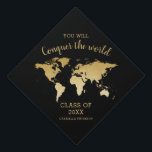 Gold World Map Conquer the World Inspirational Graduation Cap Topper<br><div class="desc">Gold world map and “conquer the world” inspirational quote on a tassel topper graduation cap decoration that can be personalized with the graduates name and year. Click ‘customize further’ to change the background and text colors to match your school colors or change the quote.</div>