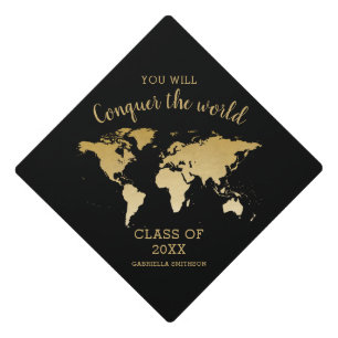 Gold World Map Conquer the World Inspirational Graduation Cap Topper
