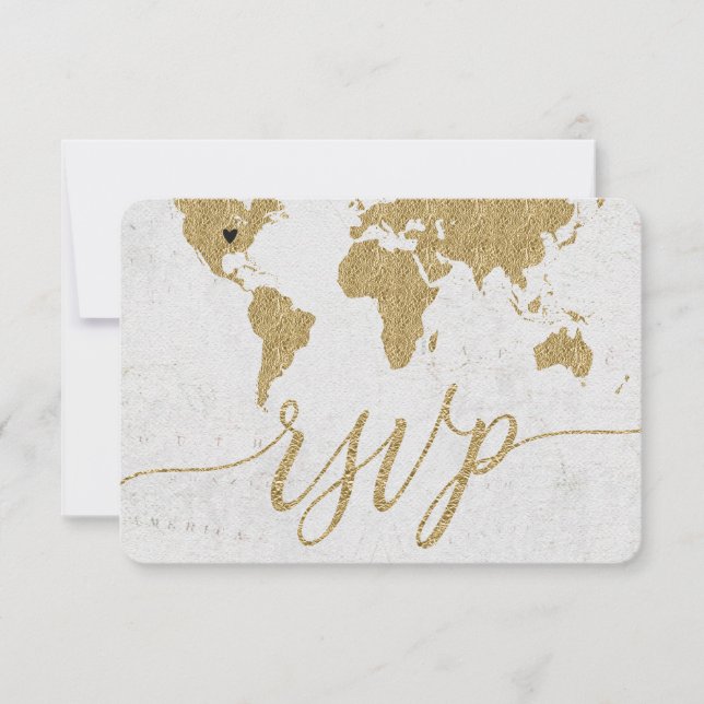 Gold World Map Custom Destination Wedding RSVP Card (Front)