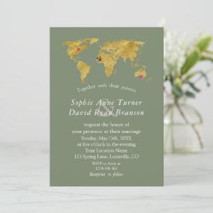 Gold World Map Destination Sage Green Wedding Invitation