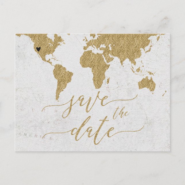 Gold World Map Destination Save the Date Announcement Postcard (Front)