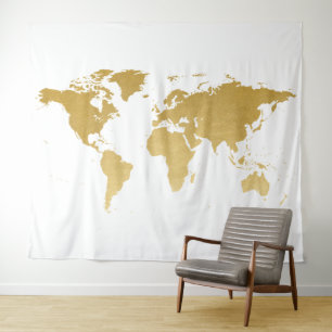 Gold World Map Detailed Globe Backdrop Tapestry
