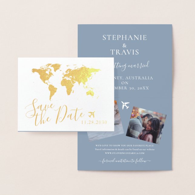 Gold World Map Folded Destination Save the Date Foil Card (Display)