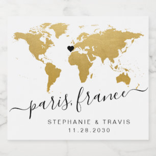 Gold World Map Heart Destination Favor Beer Bottle Label