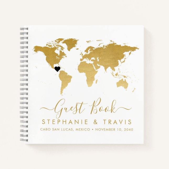 Gold World Map Heart Destination Guest Book (Front)