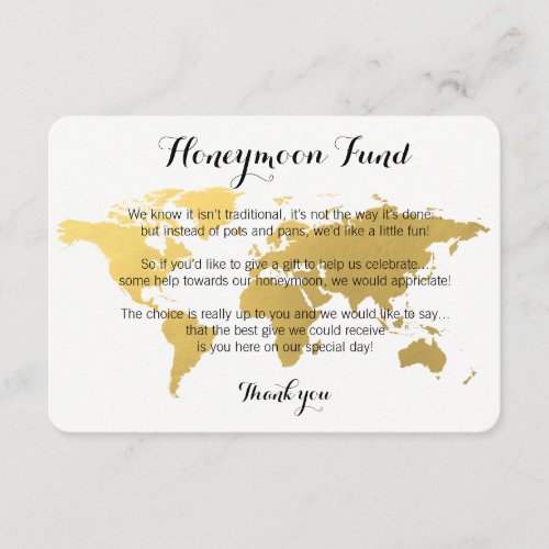 Gold world map honeymoon fund request wedding card