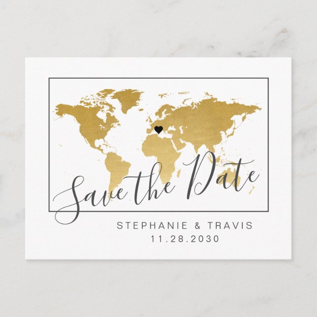 Gold World Map Minimal Save the Date Postcard (Front)
