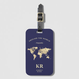 Gold World Map Monogram Traveler Luggage Tag