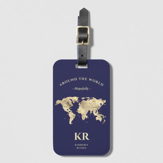 Gold World Map Monogram Traveler Luggage Tag (Front Vertical)