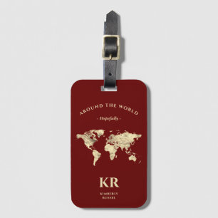 Gold World Map Monogram Traveler Terracotta Luggage Tag
